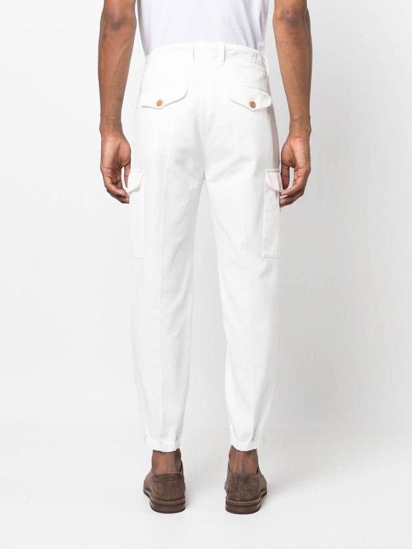 BRUNELLO CUCINELLI MEN'S WHITE CARGO TROUSERS WITH ELASTIC CUFFS