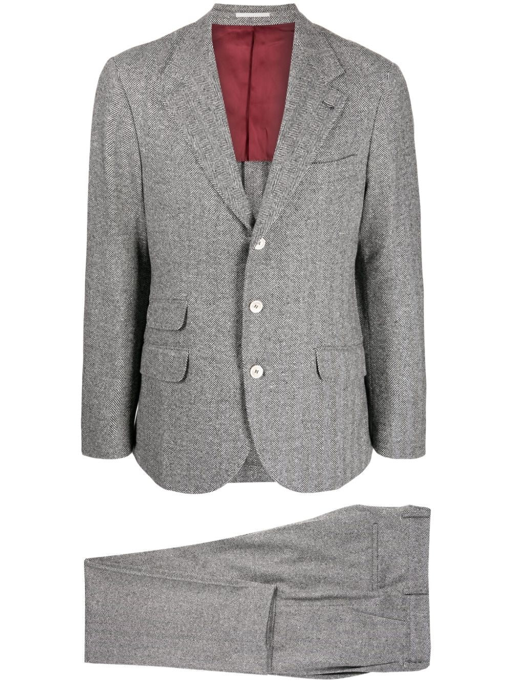 BRUNELLO CUCINELLI MEN'S GREY WOOL HERRINGBONE SUIT