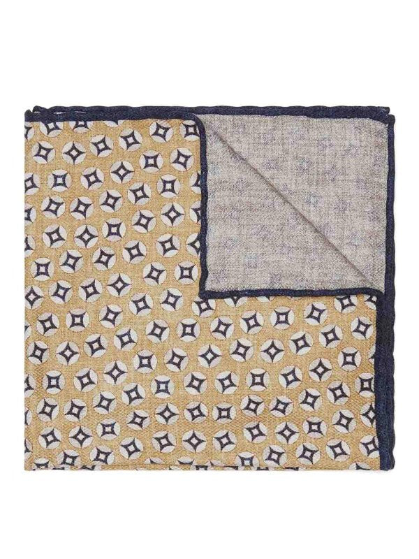 BRUNELLO CUCINELLI MEN'S CREAM NAVY SILK PATTERNED POCKET SQUARE