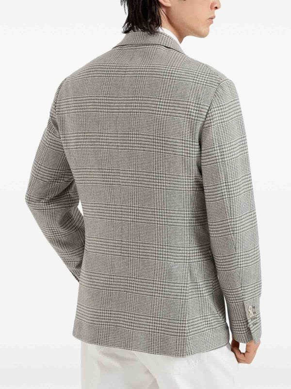 BRUNELLO CUCINELLI MEN'S GRAY WOOL SILK PLAID BLAZER