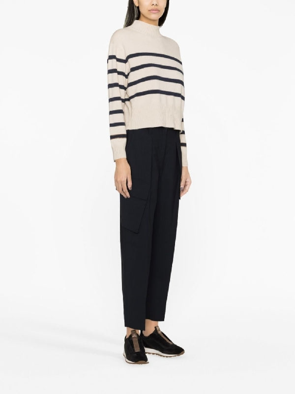 BRUNELLO CUCINELLI WOMEN'S BEIGE STRIPED WOOL TURTLENECK SWEATER