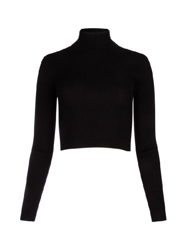 BRUNELLO CUCINELLI WOMEN'S BLACK WOOL SILK BLEND CROPPED TURTLENECK SHIRT