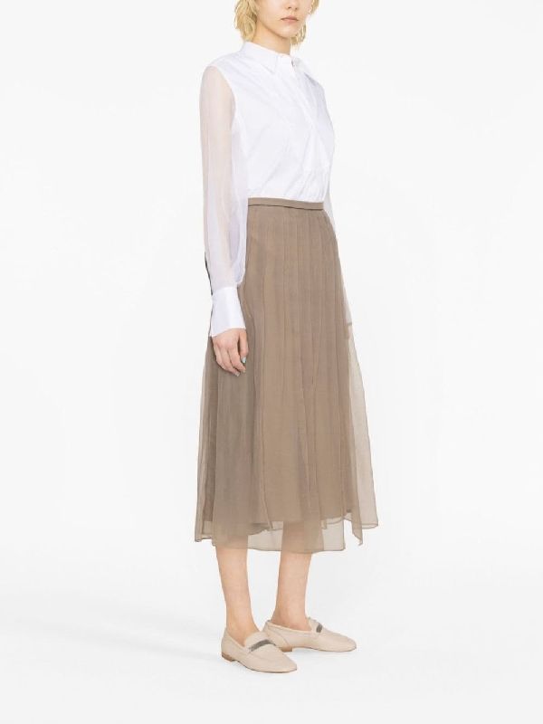 BRUNELLO CUCINELLI WOMEN'S WHITE SHEER SLEEVE BUTTON-UP SHIRT