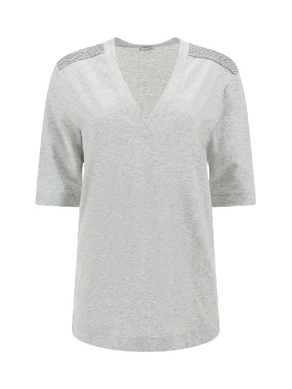 BRUNELLO CUCINELLI WOMEN'S SILVER COTTON BLEND V NECK SHIRT