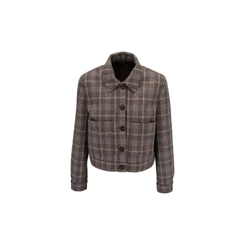 BRUNELLO CUCINELLI WOMEN'S PLAID CROPPED JACKET WITH SEQUINS