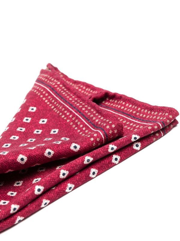 BRUNELLO CUCINELLI MEN'S RED PATTERNED SILK POCKET SQUARE