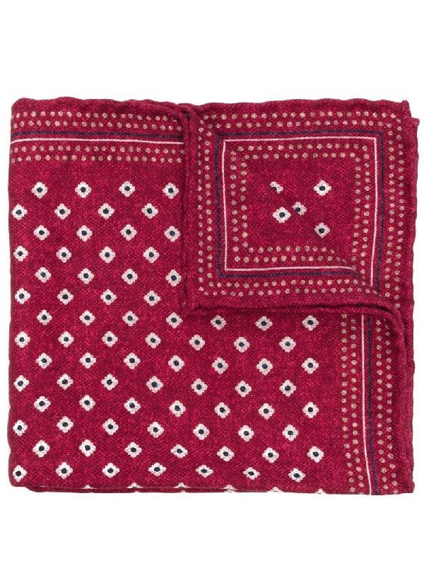 BRUNELLO CUCINELLI MEN'S RED PATTERNED SILK POCKET SQUARE