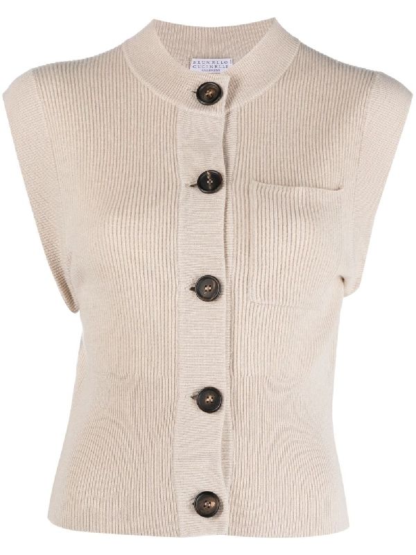 BRUNELLO CUCINELLI WOMEN'S BEIGE RIBBED KNIT CARDIGAN SWEATER