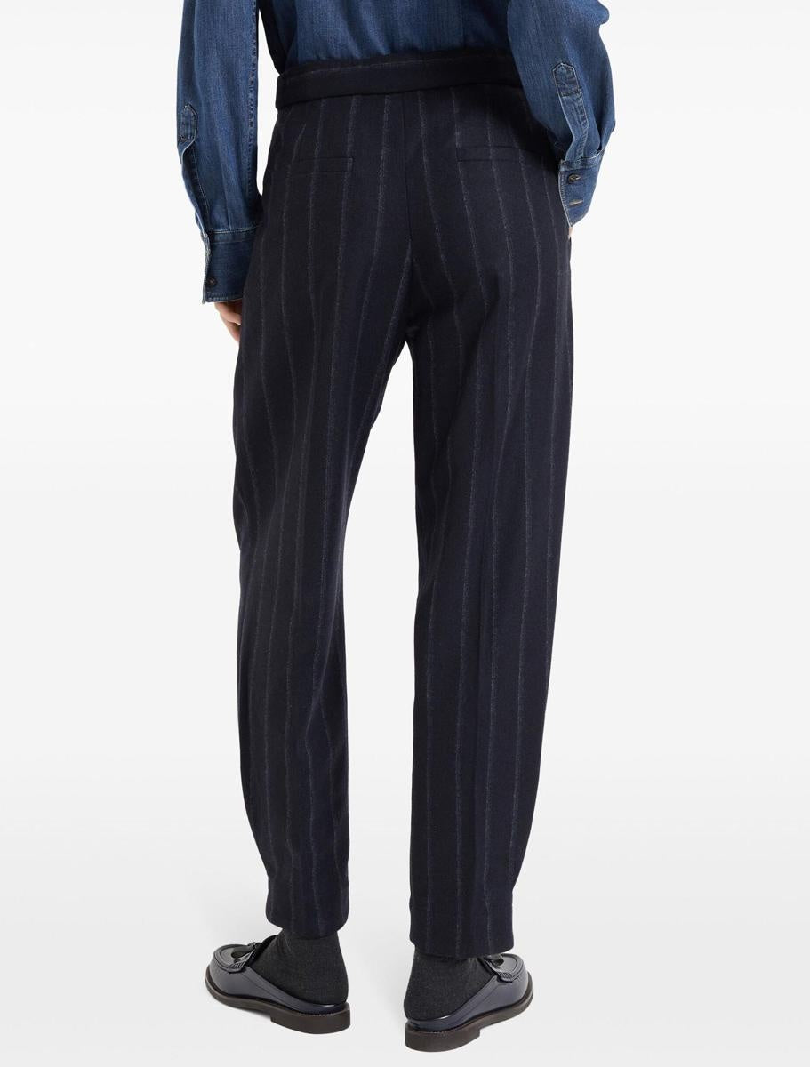 BRUNELLO CUCINELLI WOMEN'S MIDNIGHT BLUE WOOL PINSTRIPE TROUSERS