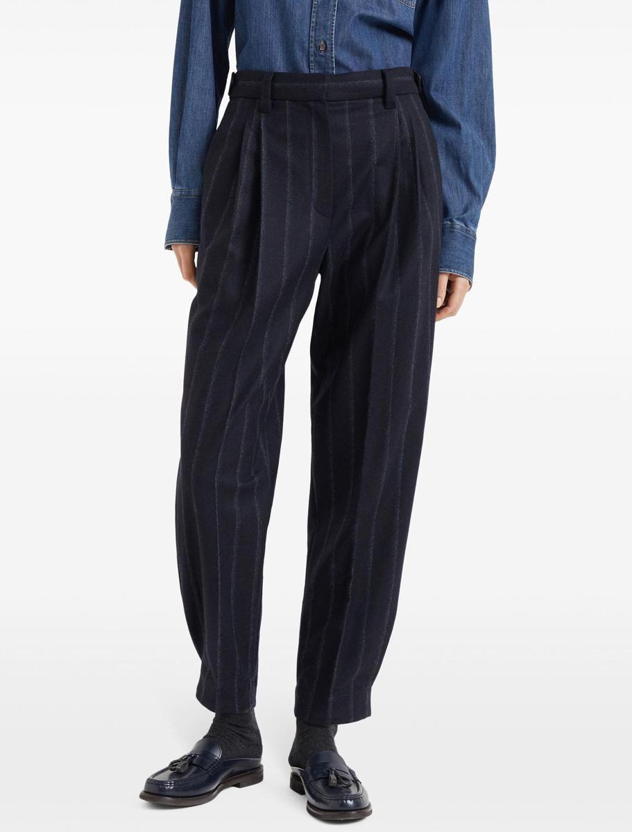 BRUNELLO CUCINELLI WOMEN'S MIDNIGHT BLUE WOOL PINSTRIPE TROUSERS