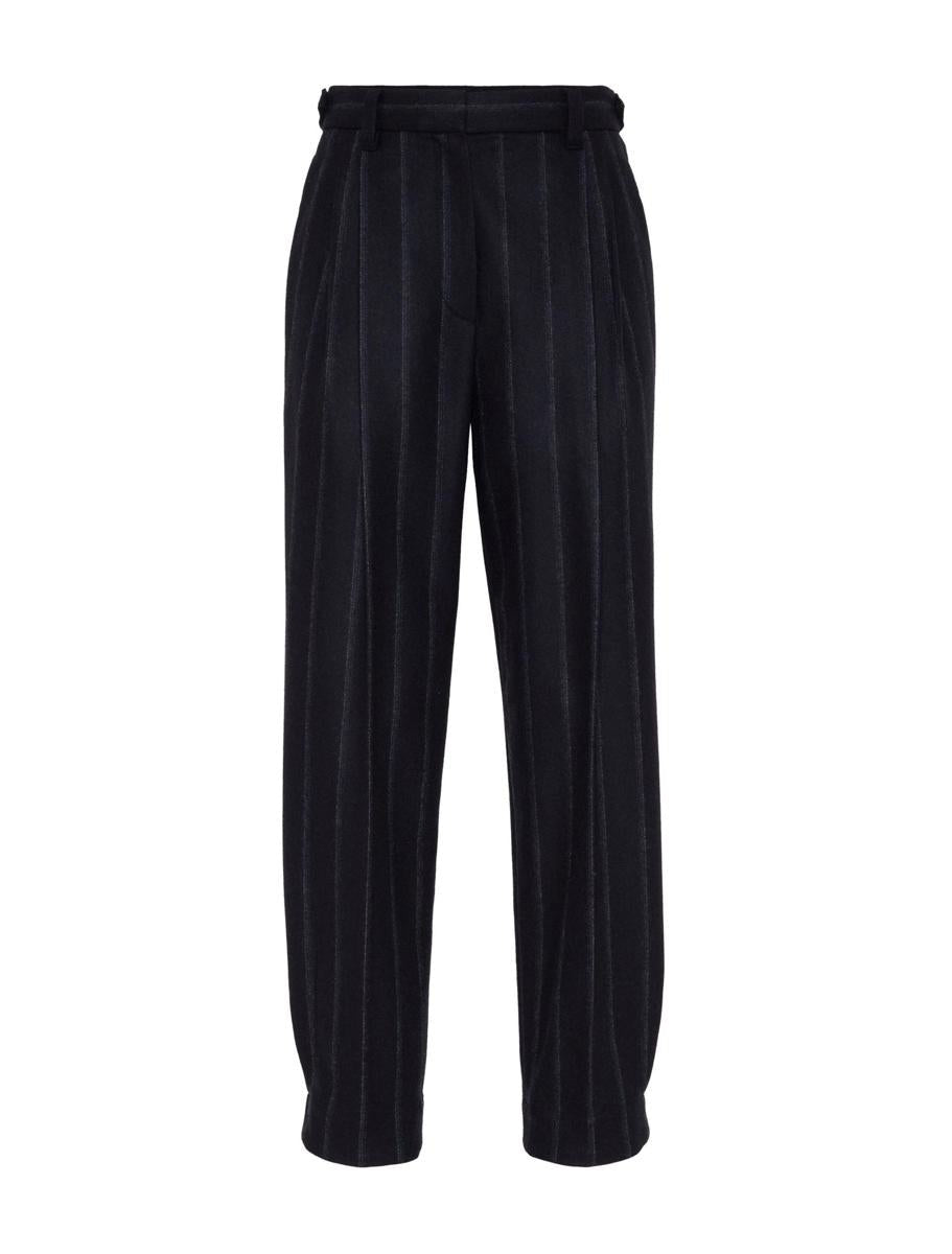 BRUNELLO CUCINELLI WOMEN'S MIDNIGHT BLUE WOOL PINSTRIPE TROUSERS