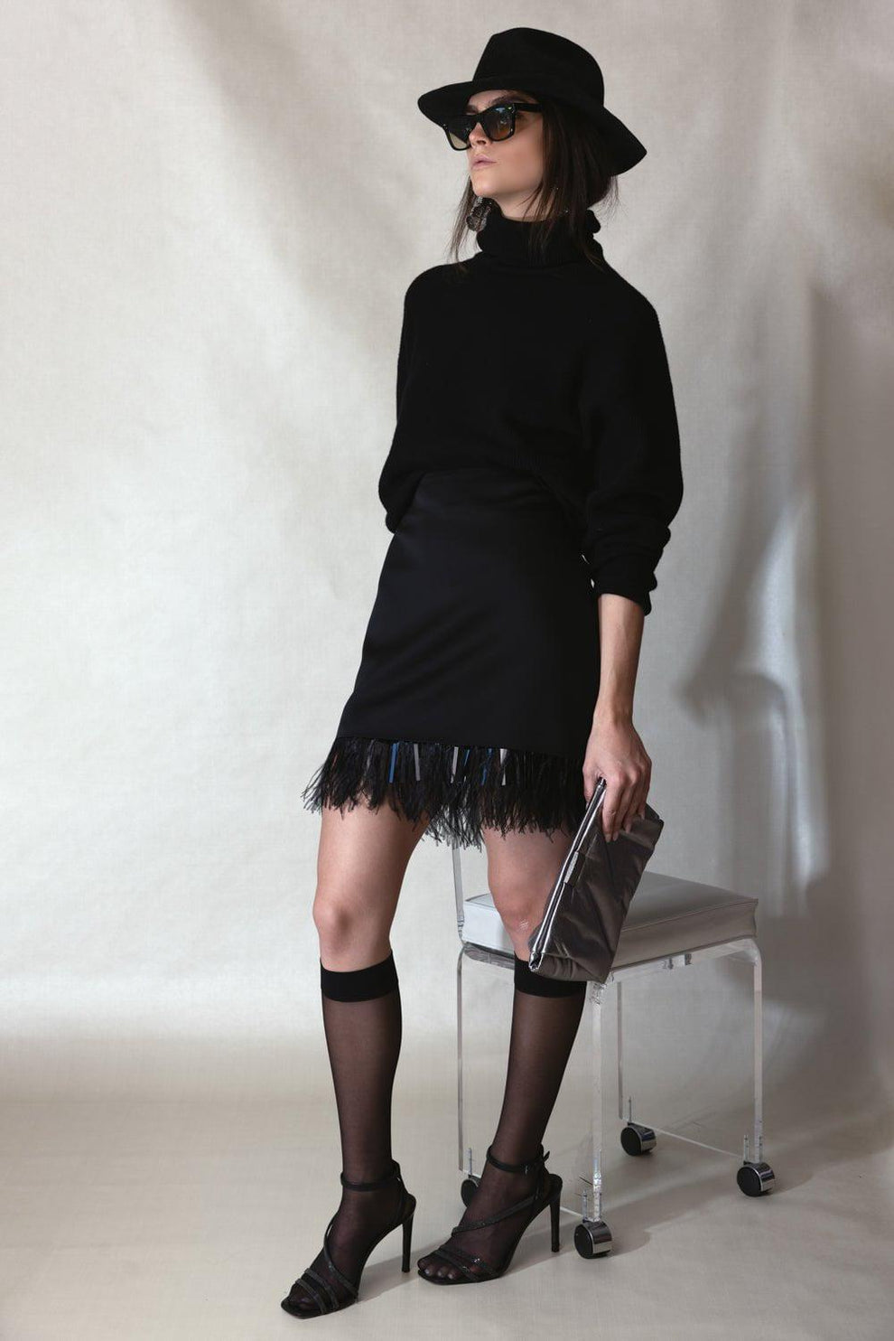 BRUNELLO CUCINELLI WOMEN'S BLACK FEATHER TRIM SKIRT