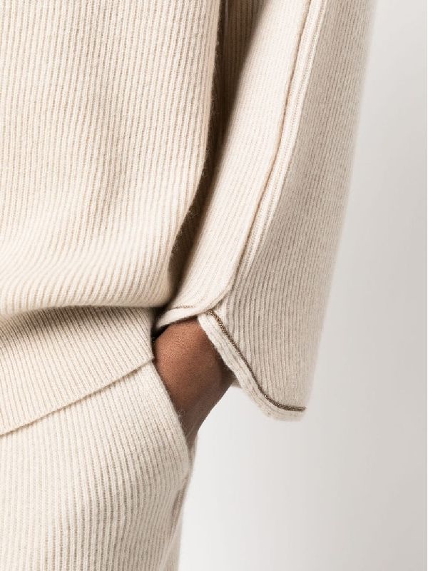 BRUNELLO CUCINELLI WOMEN'S BEIGE WOOL RIBBED SWEATER