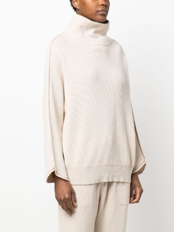 BRUNELLO CUCINELLI WOMEN'S BEIGE RIBBED KNIT SWEATER
