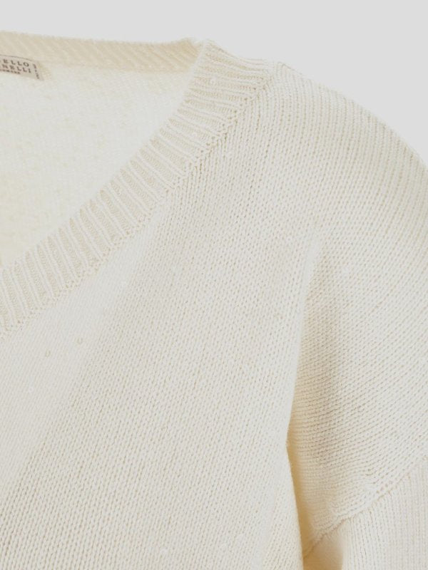 BRUNELLO CUCINELLI WOMEN'S WHITE SILK WOOL V NECK SWEATER