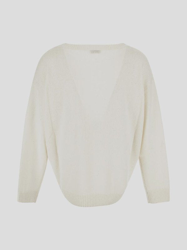 BRUNELLO CUCINELLI WOMEN'S WHITE SILK WOOL V NECK SWEATER