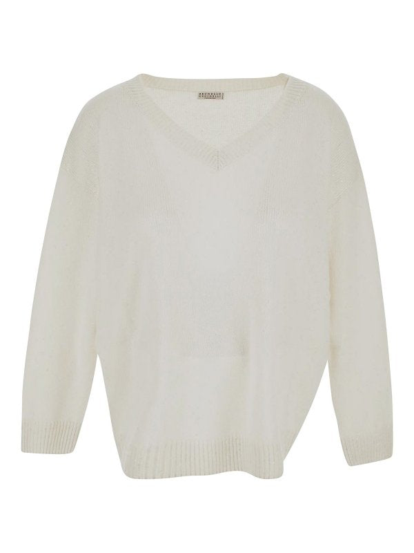 BRUNELLO CUCINELLI WOMEN'S WHITE SILK WOOL V NECK SWEATER