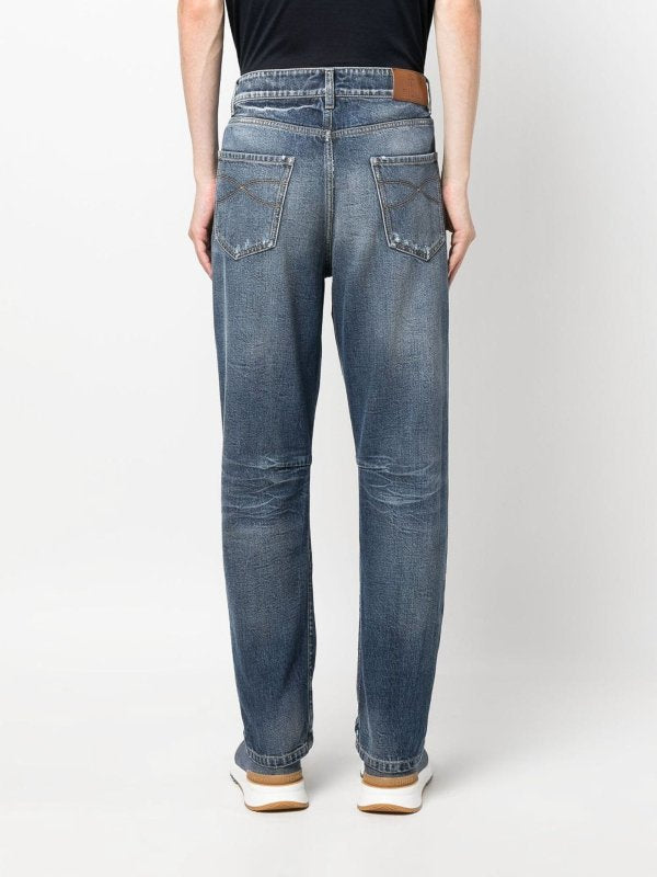 BRUNELLO CUCINELLI MEN'S DISTRESSED BLUE DENIM JEANS