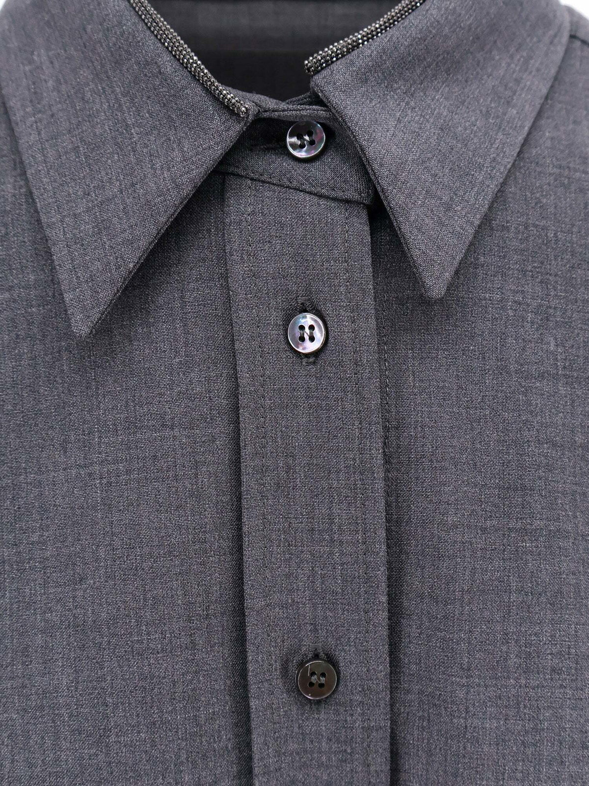 BRUNELLO CUCINELLI WOMEN'S LIGNITE GREY WOOL BLEND BUTTON FRONT SHIRT