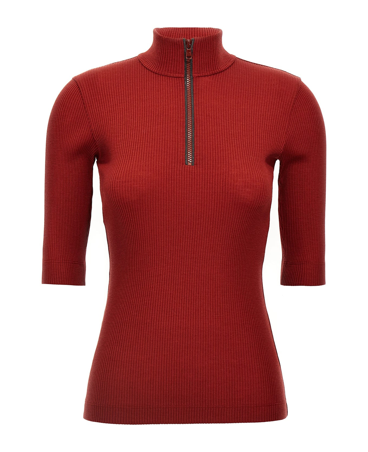 BRUNELLO CUCINELLI WOMEN'S RED RIBBED HALF ZIP WOOL SHIRT