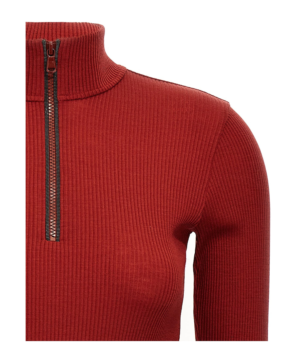 BRUNELLO CUCINELLI WOMEN'S RED RIBBED HALF ZIP WOOL SHIRT