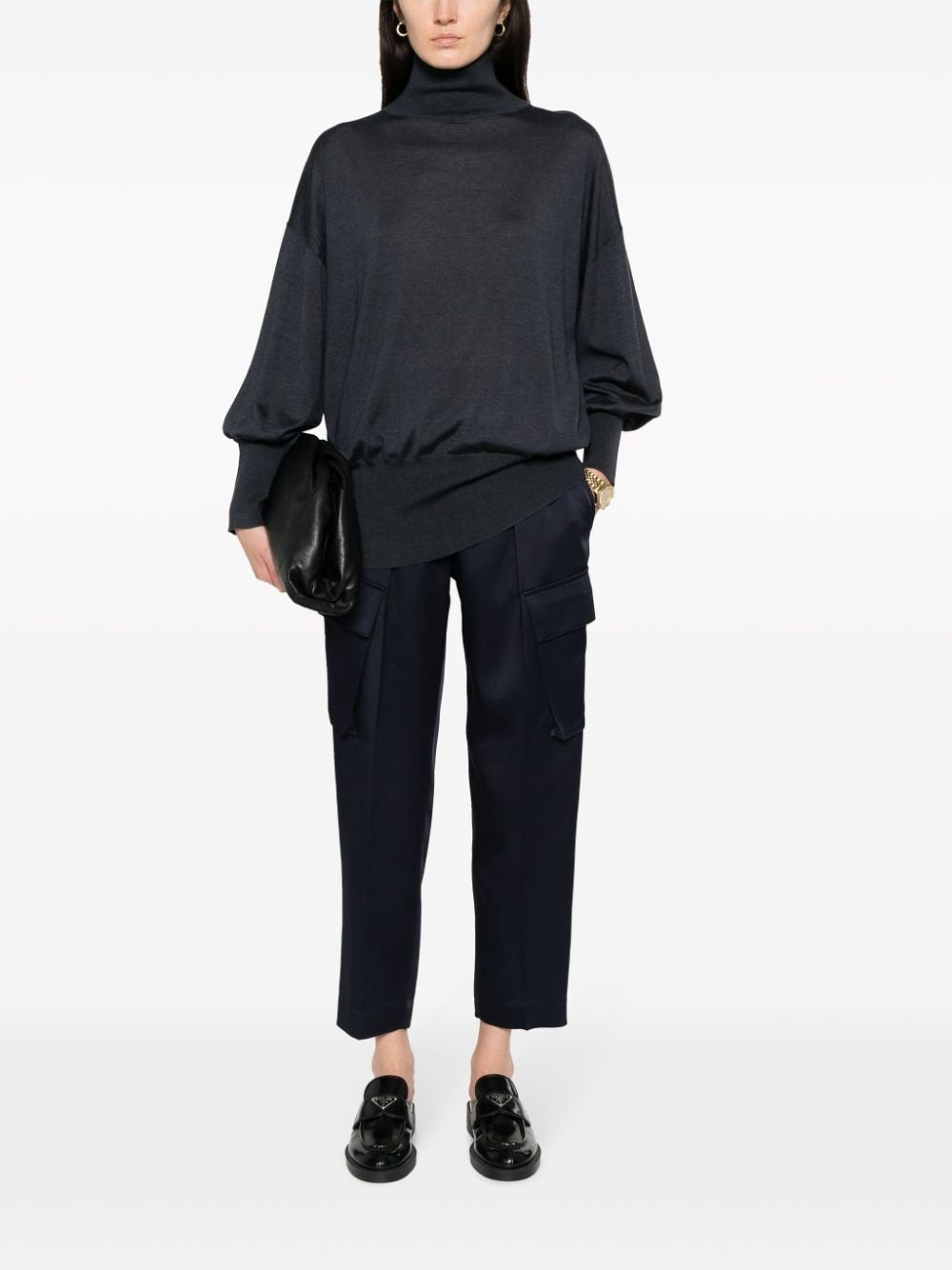 BRUNELLO CUCINELLI WOMEN'S DARK WOOL SILK MOCK NECK SHIRT