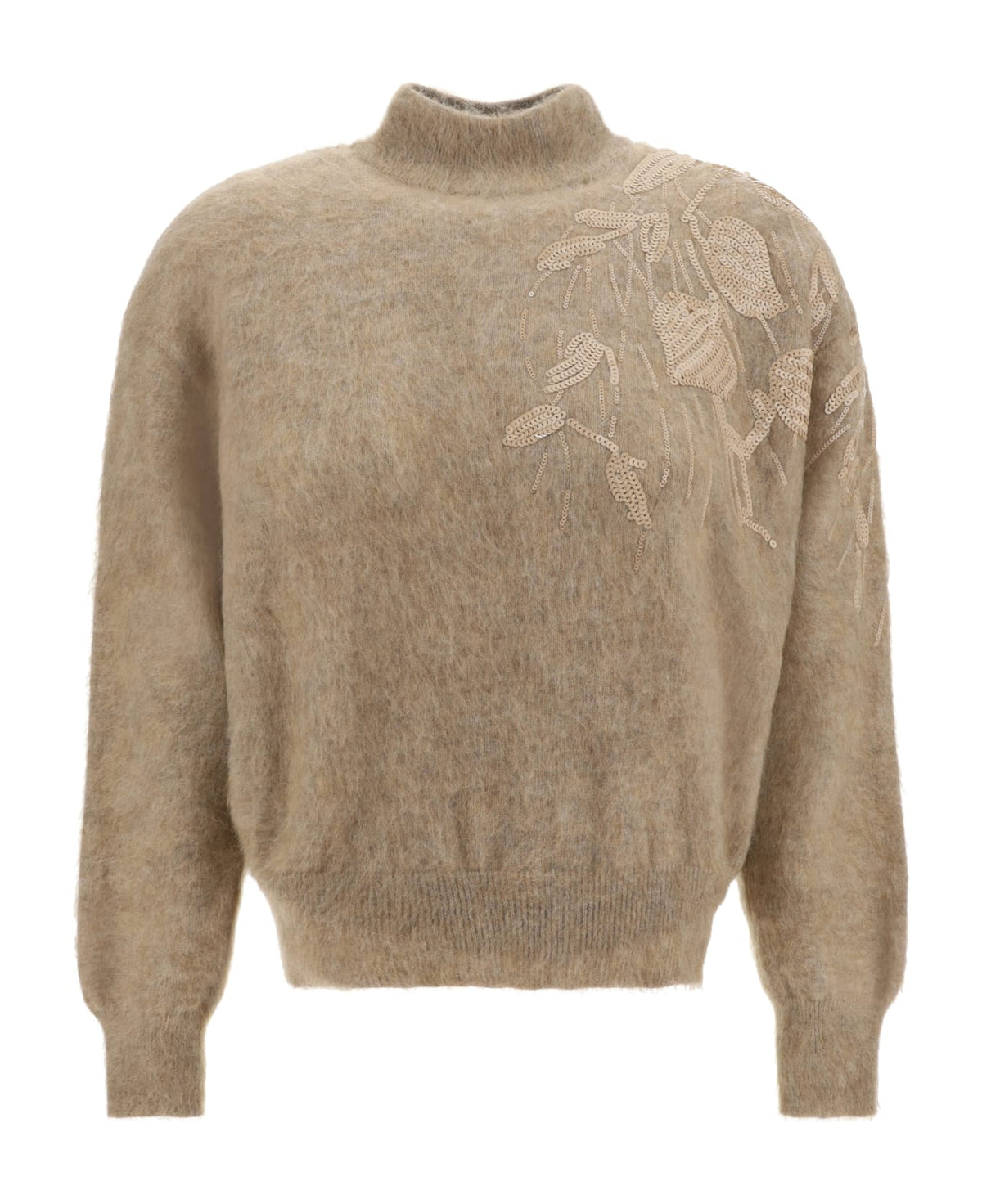 BRUNELLO CUCINELLI WOMEN'S WARM BROWN WOOL MOHAIR BLEND EMBELLISHED SWEATER