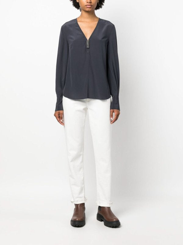 BRUNELLO CUCINELLI WOMEN'S DARK BLUE V-NECK BLOUSE WITH EMBELLISHMENT