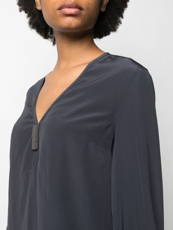 BRUNELLO CUCINELLI WOMEN'S DARK BLUE V-NECK BLOUSE WITH EMBELLISHMENT
