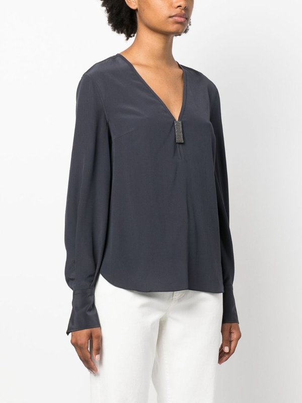 BRUNELLO CUCINELLI WOMEN'S DARK BLUE V-NECK BLOUSE WITH EMBELLISHMENT