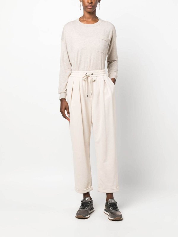 BRUNELLO CUCINELLI WOMEN'S IVORY PLEATED COTTON TROUSERS