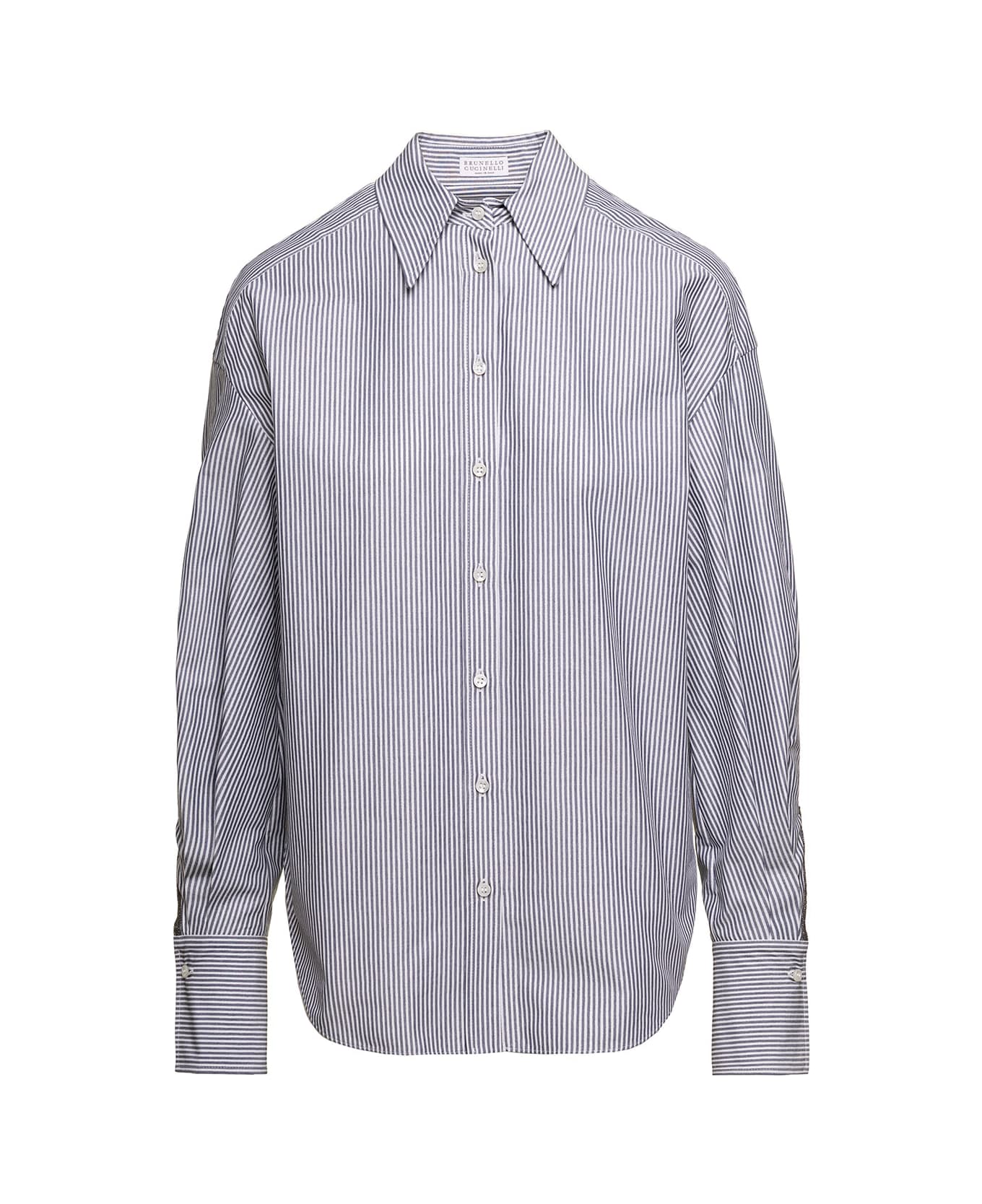 BRUNELLO CUCINELLI WOMEN'S WHITE BLUE STRIPED BUTTON-UP SHIRT