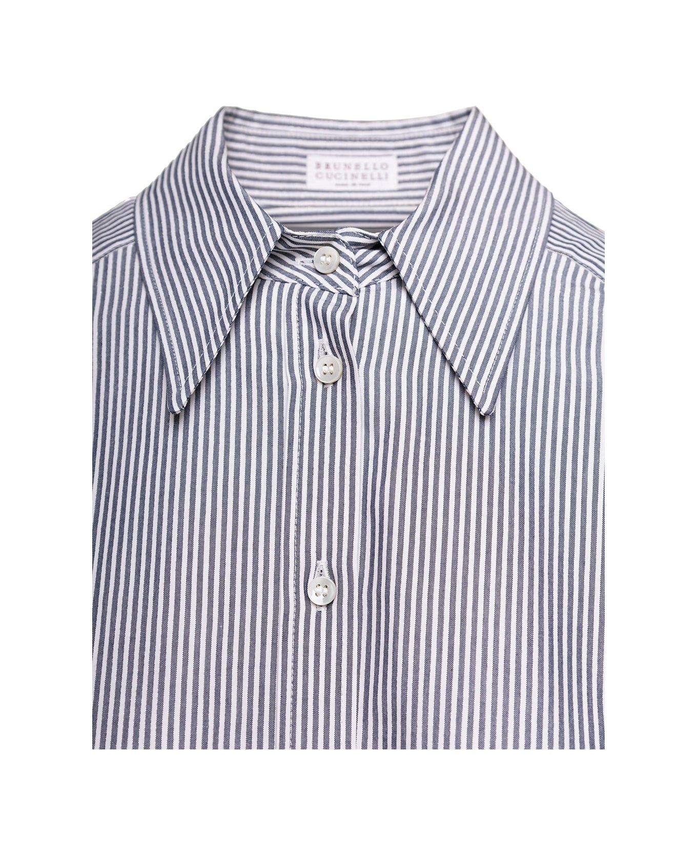 BRUNELLO CUCINELLI WOMEN'S WHITE BLUE STRIPED BUTTON-UP SHIRT