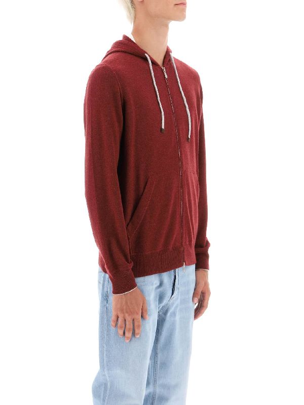 BRUNELLO CUCINELLI MEN'S RED WOOL ZIP HOODIE