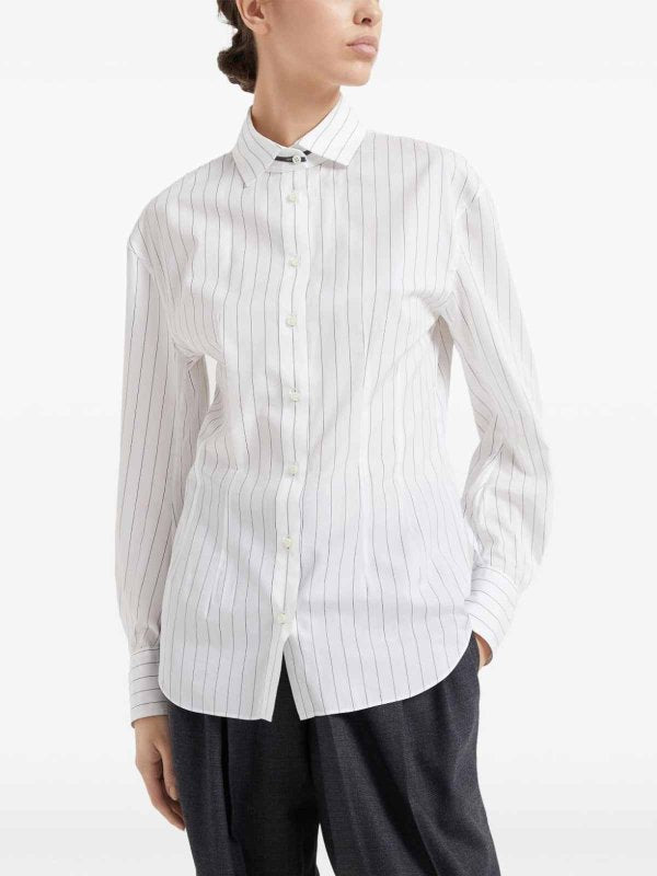 BRUNELLO CUCINELLI WOMEN'S WHITE STRIPED BUTTON-UP SHIRT