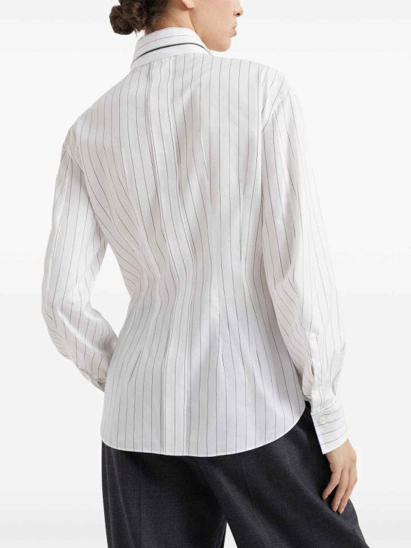 BRUNELLO CUCINELLI WOMEN'S WHITE STRIPED BUTTON-UP SHIRT