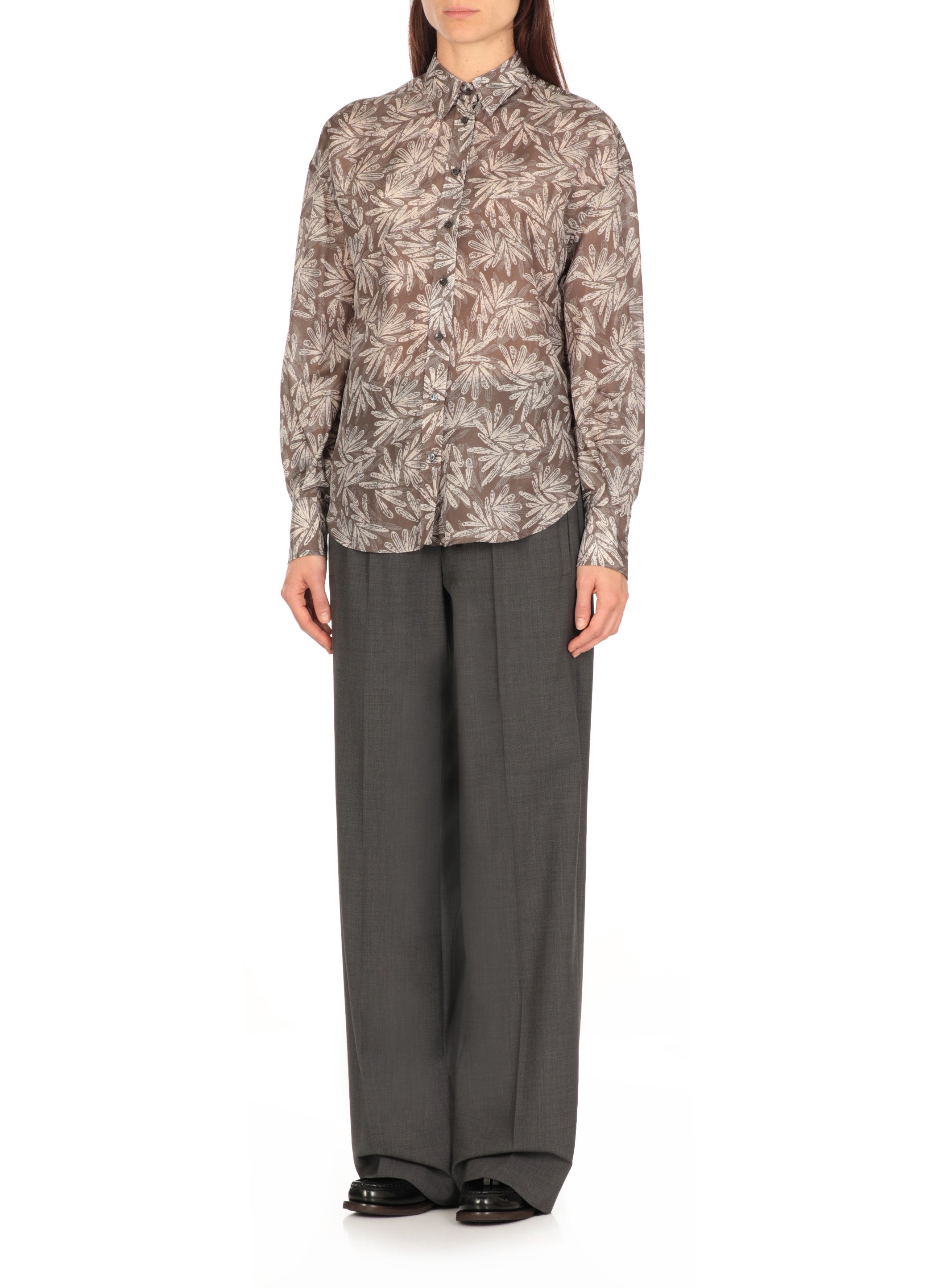 BRUNELLO CUCINELLI WOMEN'S CHOCOLATE BEIGE PATTERNED BUTTON-UP SHIRT