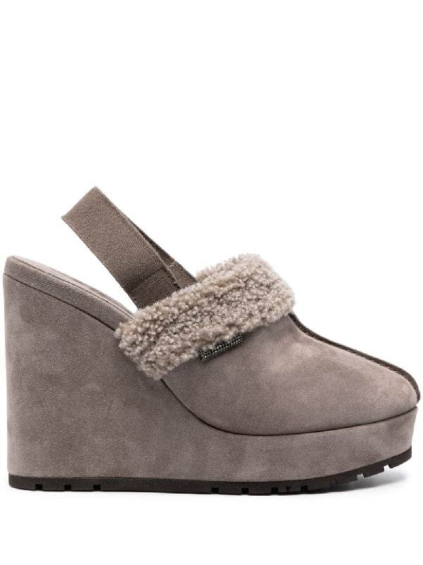 BRUNELLO CUCINELLI WOMEN'S OXIDE SUEDE WEDGE SHOE WITH SHEARLING TRIM