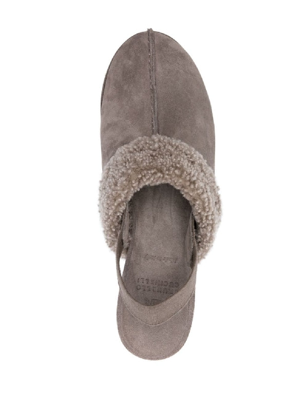 BRUNELLO CUCINELLI WOMEN'S OXIDE SUEDE WEDGE SHOE WITH SHEARLING TRIM
