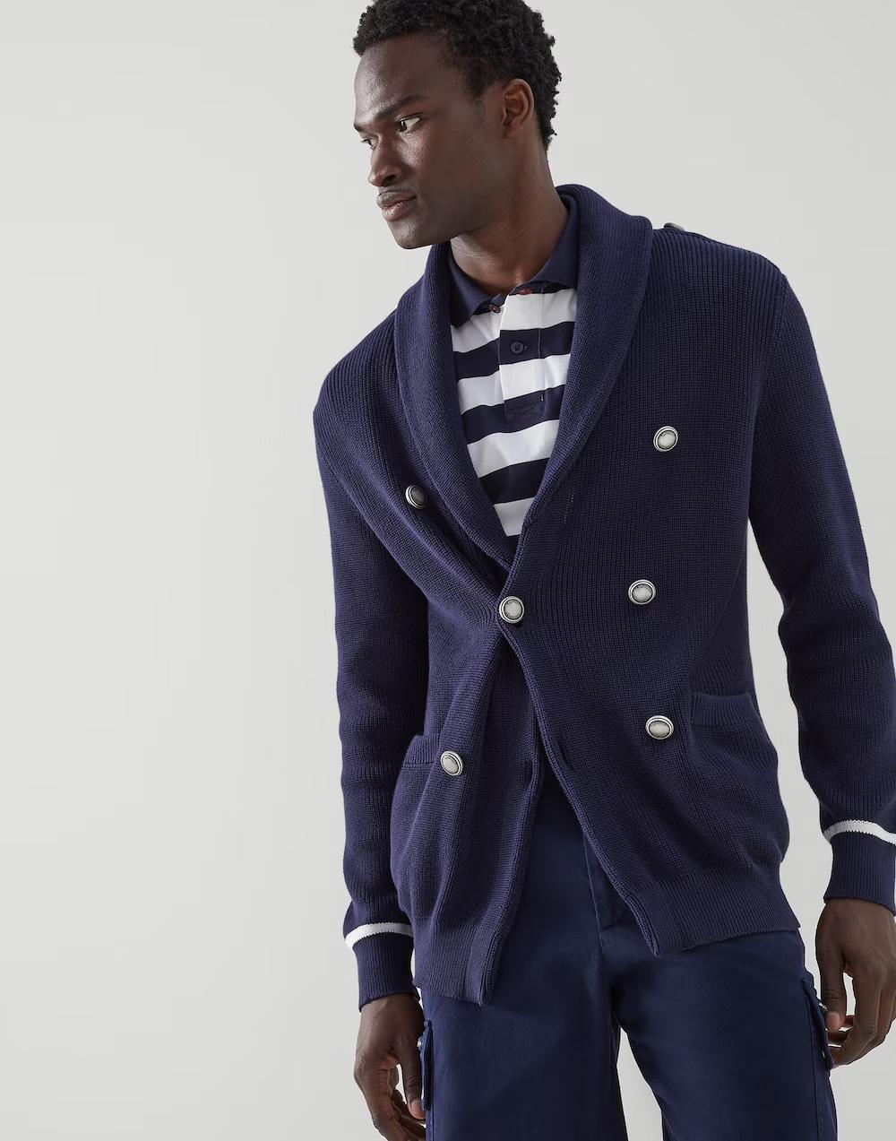 BRUNELLO CUCINELLI MEN'S NAVY DOUBLE-BREASTED SHAWL CARDIGAN