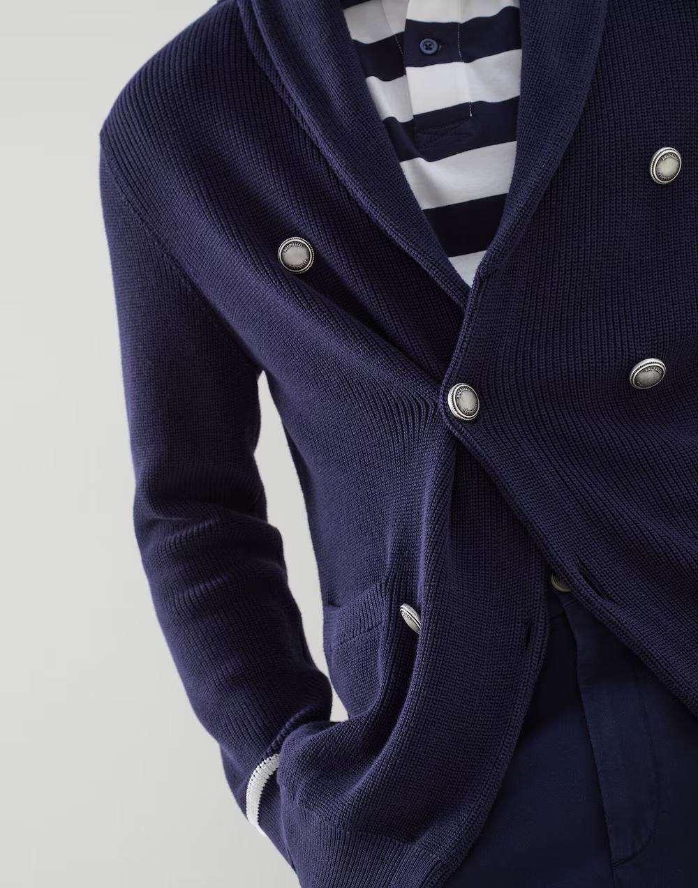 BRUNELLO CUCINELLI MEN'S NAVY DOUBLE-BREASTED SHAWL CARDIGAN