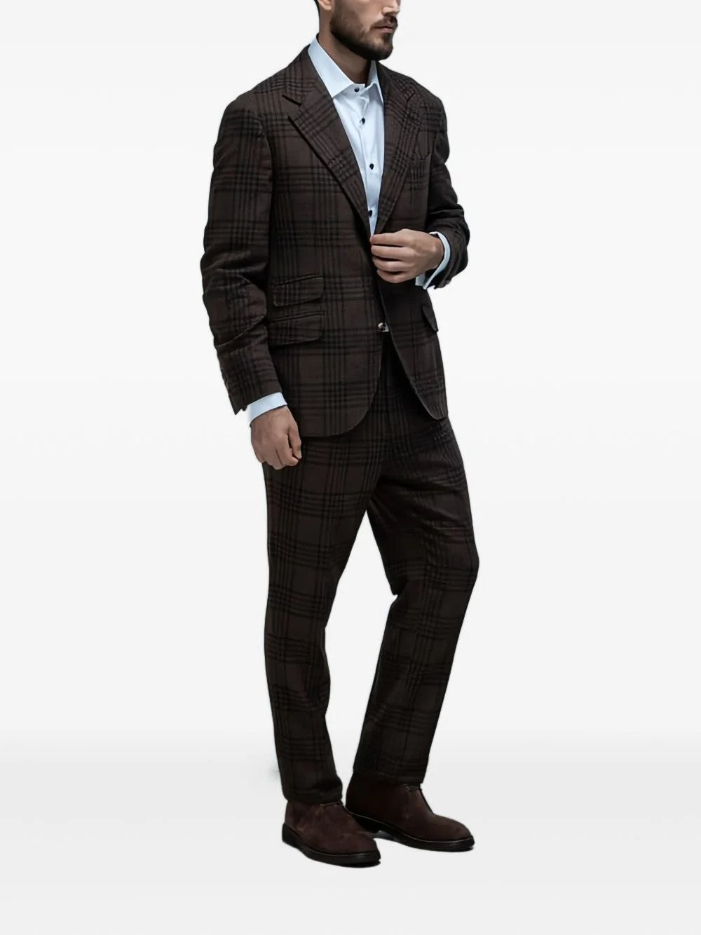 BRUNELLO CUCINELLI MEN'S BROWN WOOL SILK PLAID SUIT
