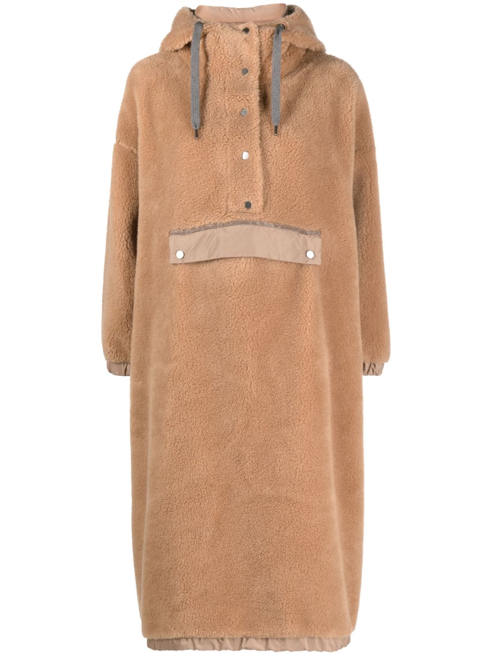 BRUNELLO CUCINELLI WOMEN'S CAMEL HOODED SHEARLING COAT