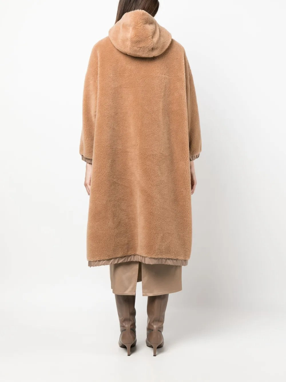 BRUNELLO CUCINELLI WOMEN'S CAMEL HOODED SHEARLING COAT