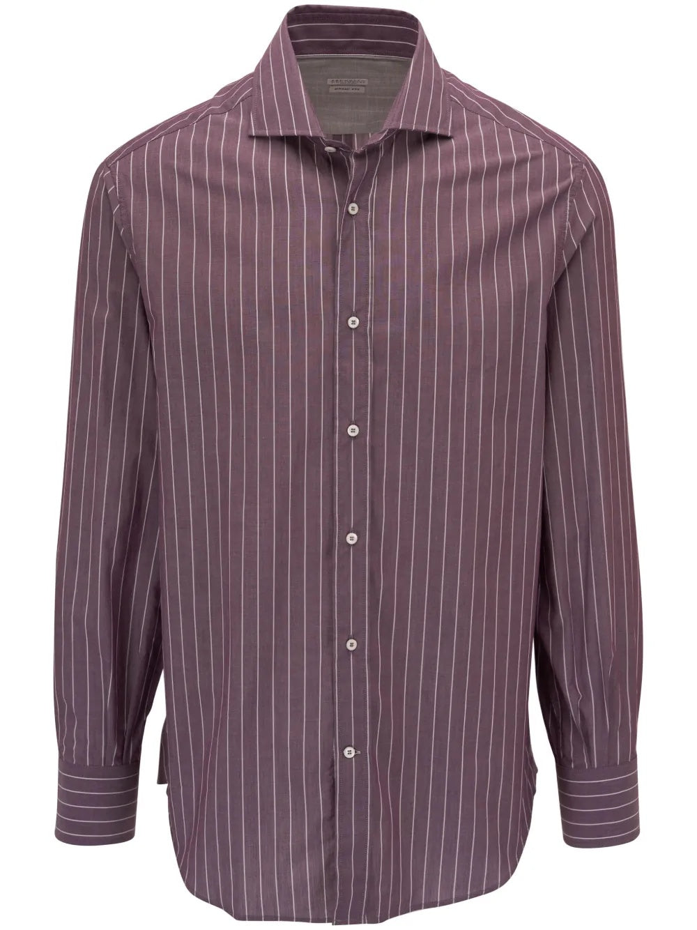 BRUNELLO CUCINELLI MEN'S PLUM WHITE STRIPED COTTON BUTTON UP SHIRT