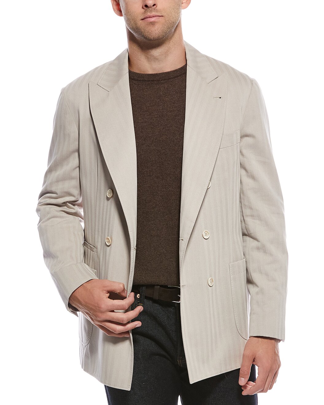 BRUNELLO CUCINELLI MEN'S BEIGE STRIPED DOUBLE BREASTED BLAZER