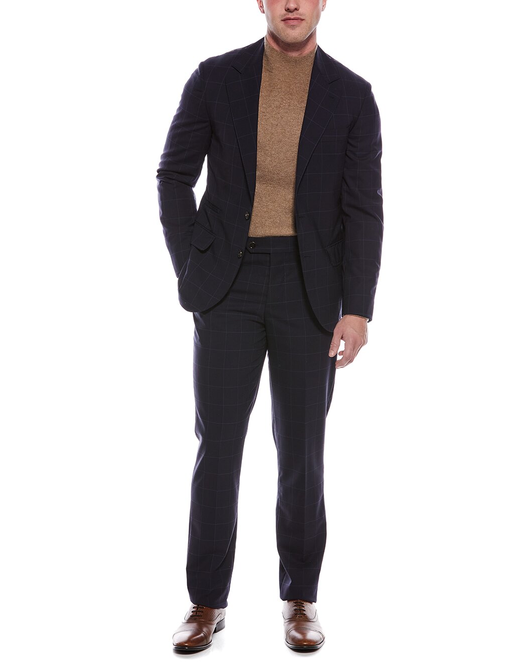 BRUNELLO CUCINELLI MEN'S NAVY CHECKERED TAILORED BLAZER