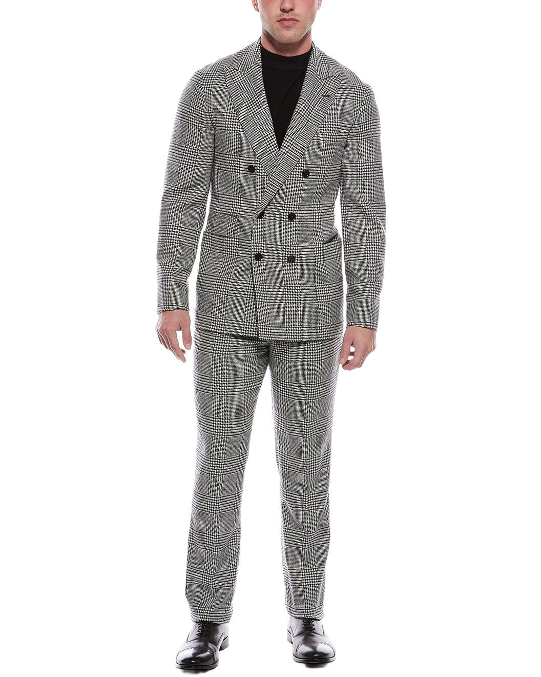 BRUNELLO CUCINELLI MEN'S GREY WOOL PLAID DOUBLE BREASTED SUIT