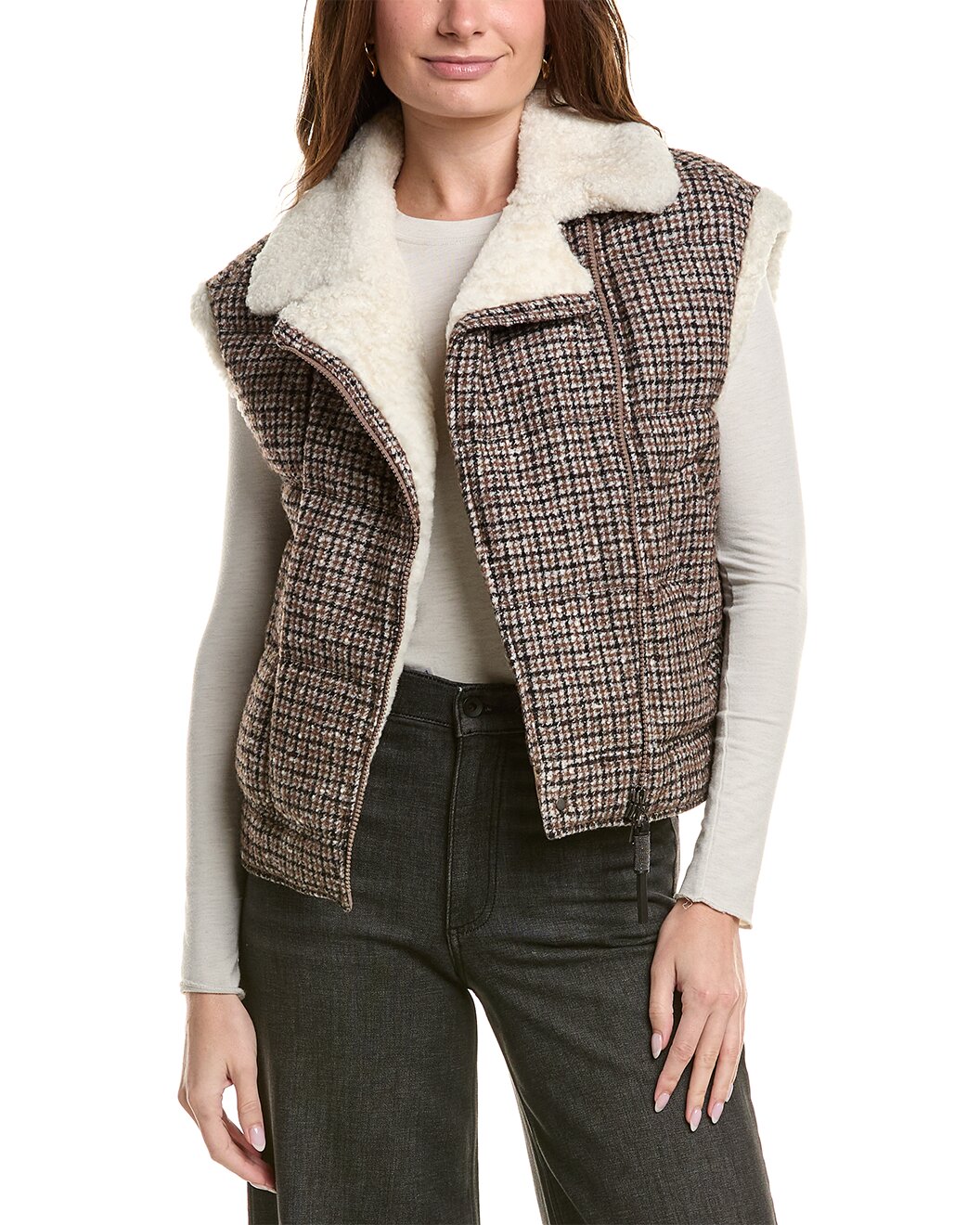 BRUNELLO CUCINELLI WOMEN'S PLAID SLEEVELESS VEST WITH SHEARLING COLLAR