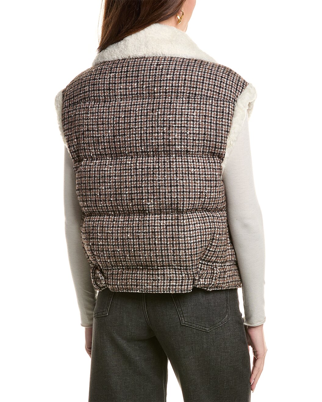 BRUNELLO CUCINELLI WOMEN'S PLAID SLEEVELESS VEST WITH SHEARLING COLLAR